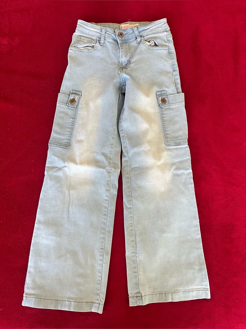 Denim Diva Girl's Light Wash Wide Leg Cargo Blue Stretch Denim Jeans Size: 10